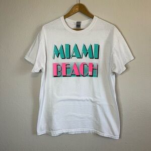 Vintage Retro Y2K Neon Miami Beach Florida White Short Sleeve T Shirt Size Large
